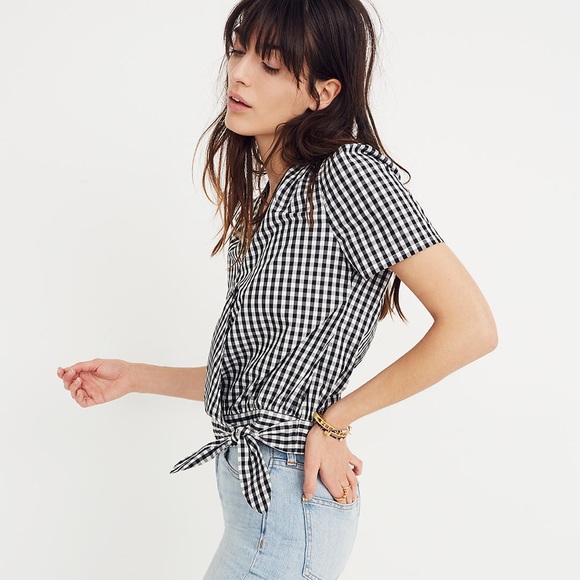 🌻 Madewell Short-Sleeve Cropped Wrap Top in Black/White Gingham Check - XS / M - Picture 2 of 10